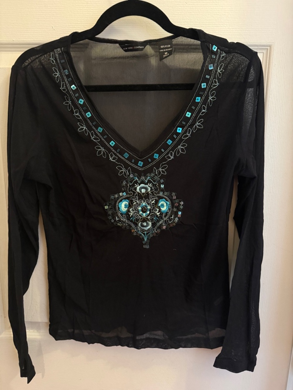Vintage early 2000s SHEER Black Embroidered V-Neck Long Sleeve Top -